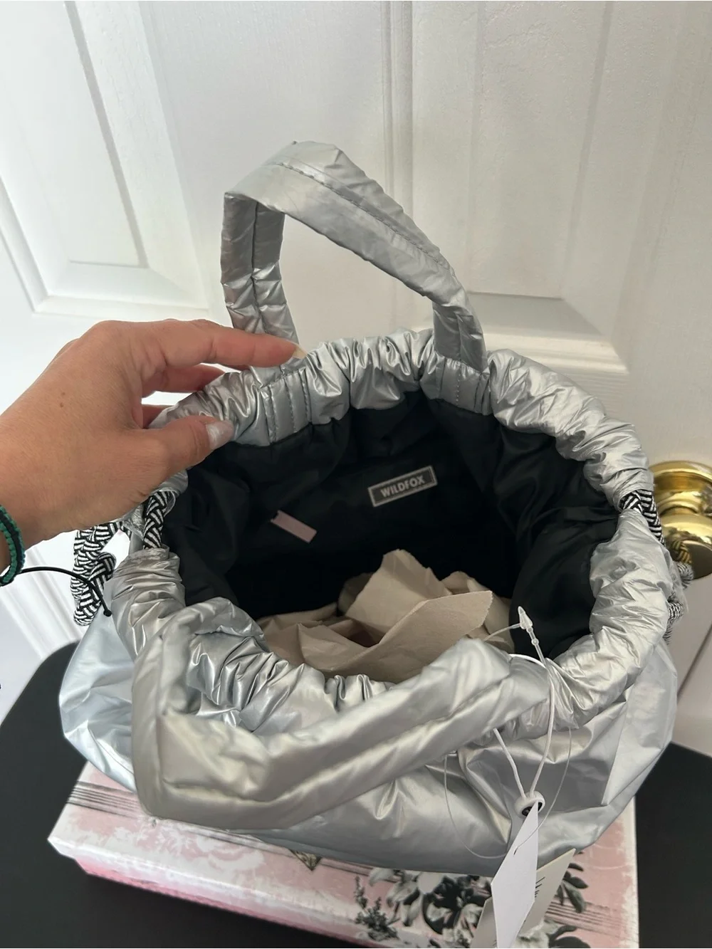 Wildfox Metallic Silver Puffer Tote with Patterned Rope Handles